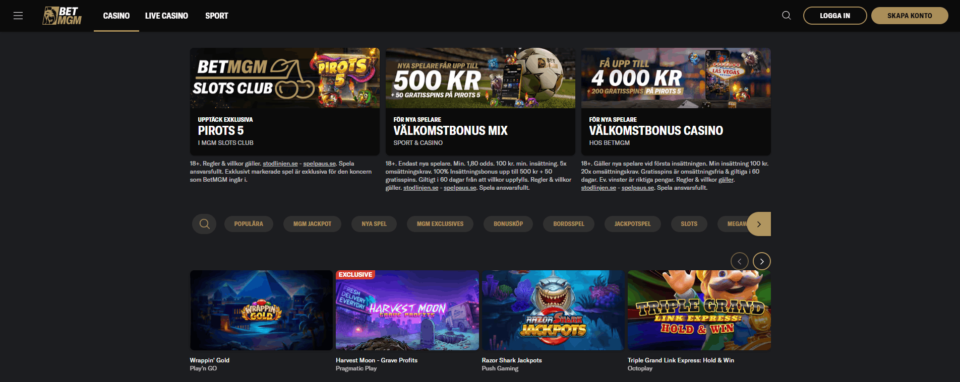 BetMGM:s casinosida med menyn Casino, Live Casino och Sport, kort för Slots Club, mixbonusen och casinots välkomstbonus samt en rad populära spel