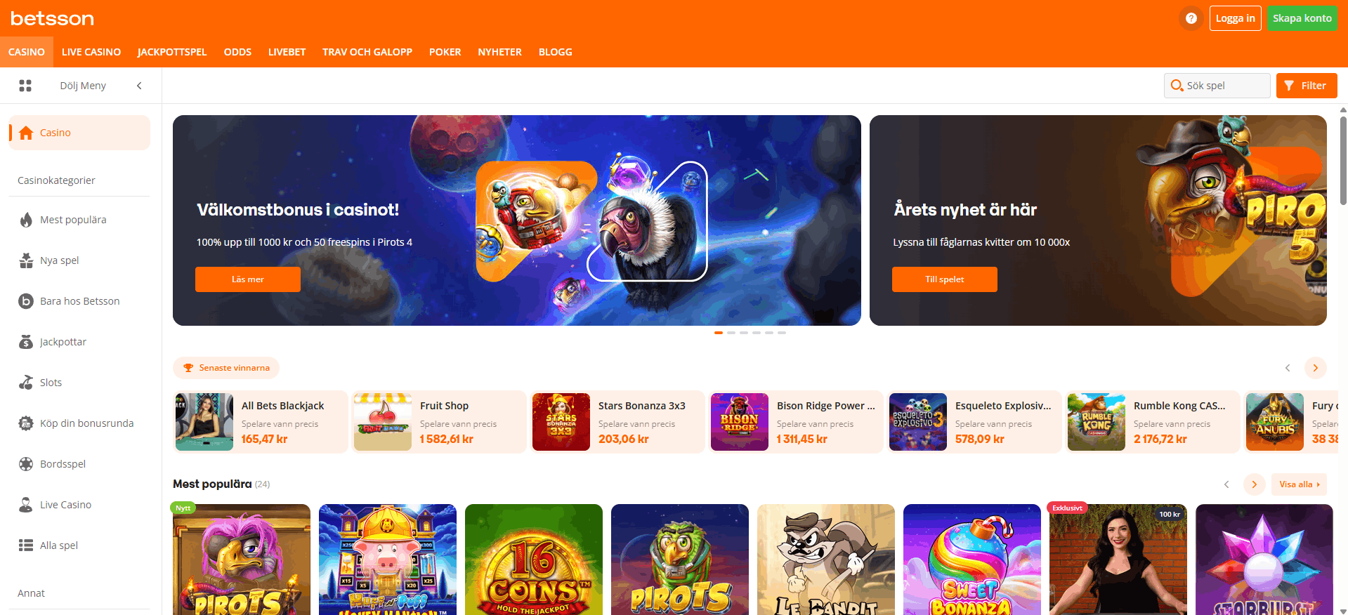 Betssons casinosida med menyn Casino, Live Casino, Jackpottspel, Odds, Livebet, Trav och Galopp samt Poker, välkomstbonusbannern och en rad populära spel
