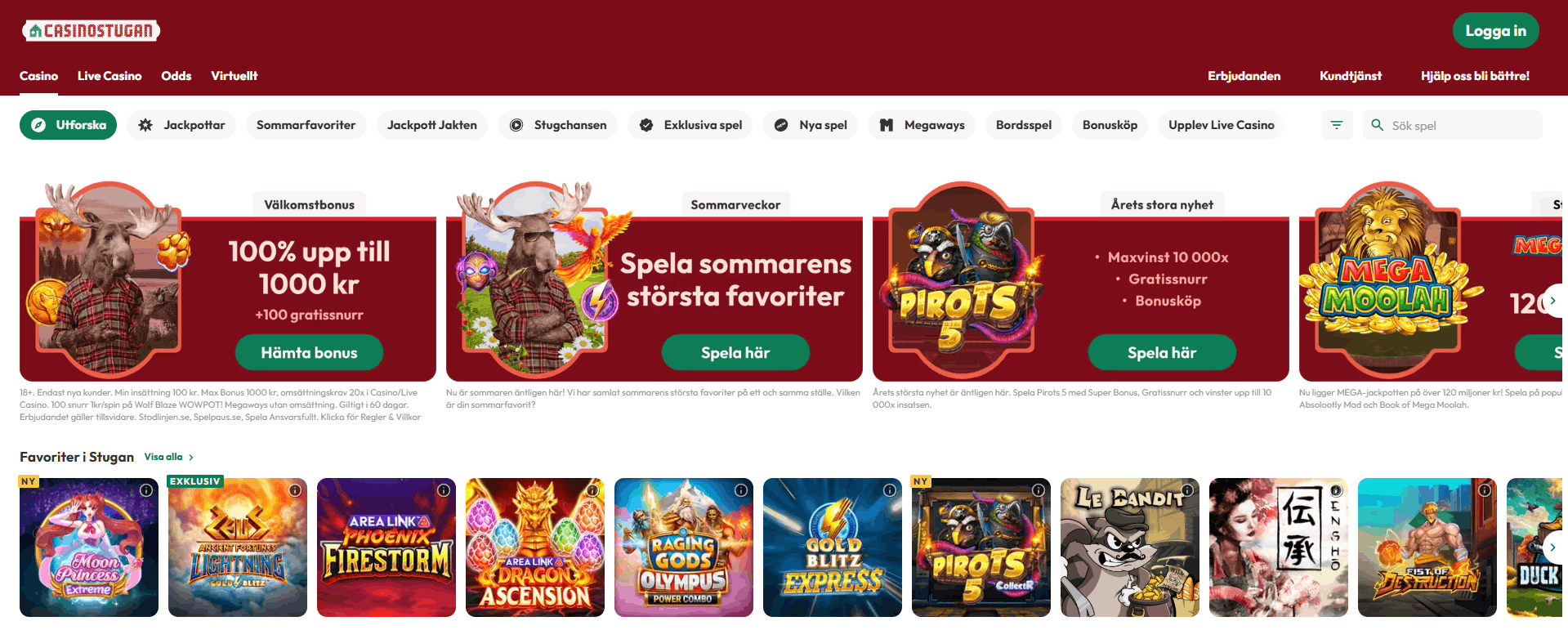 Casinostugans casinosida med menyn Casino, Live Casino, Odds och Virtuellt, välkomstbannern om 100% upp till 1 000 kr och rader med spel