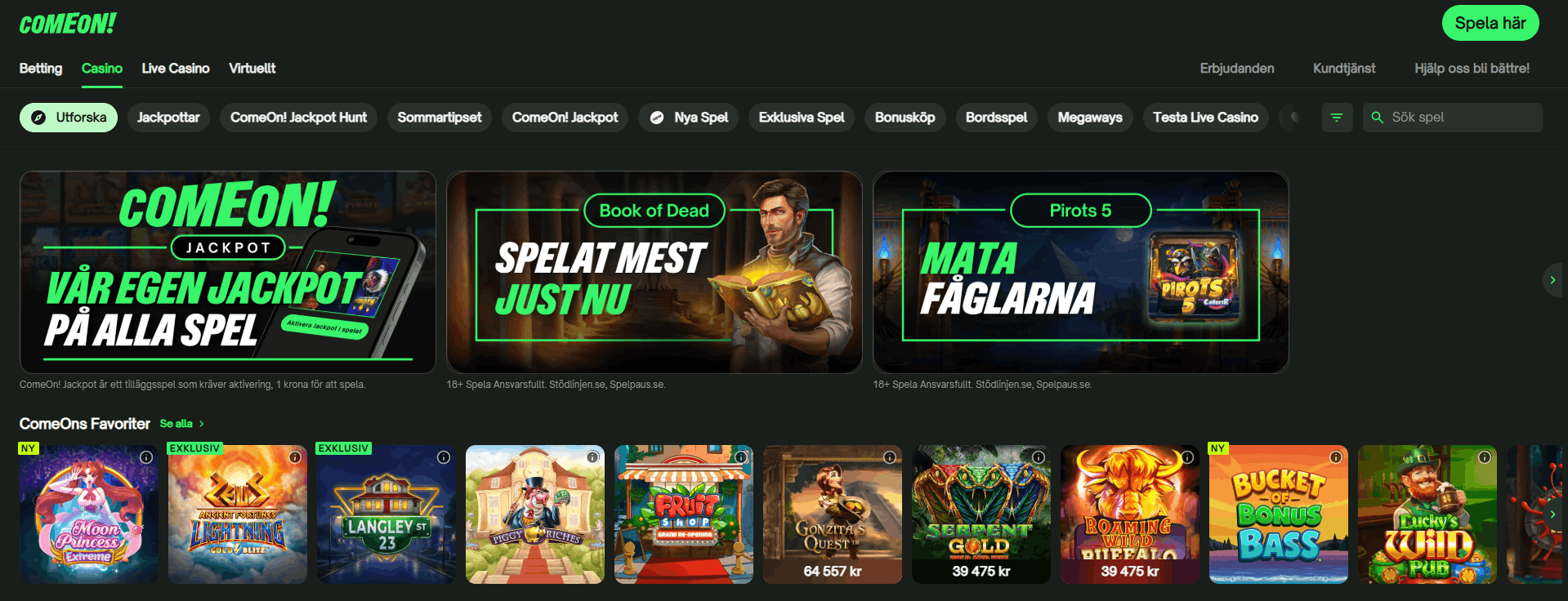 ComeOns casinosida med menyn Betting, Casino, Live Casino och Virtuellt, bannern för ComeOn! Jackpot och rader med spel där vissa är märkta Exklusiv