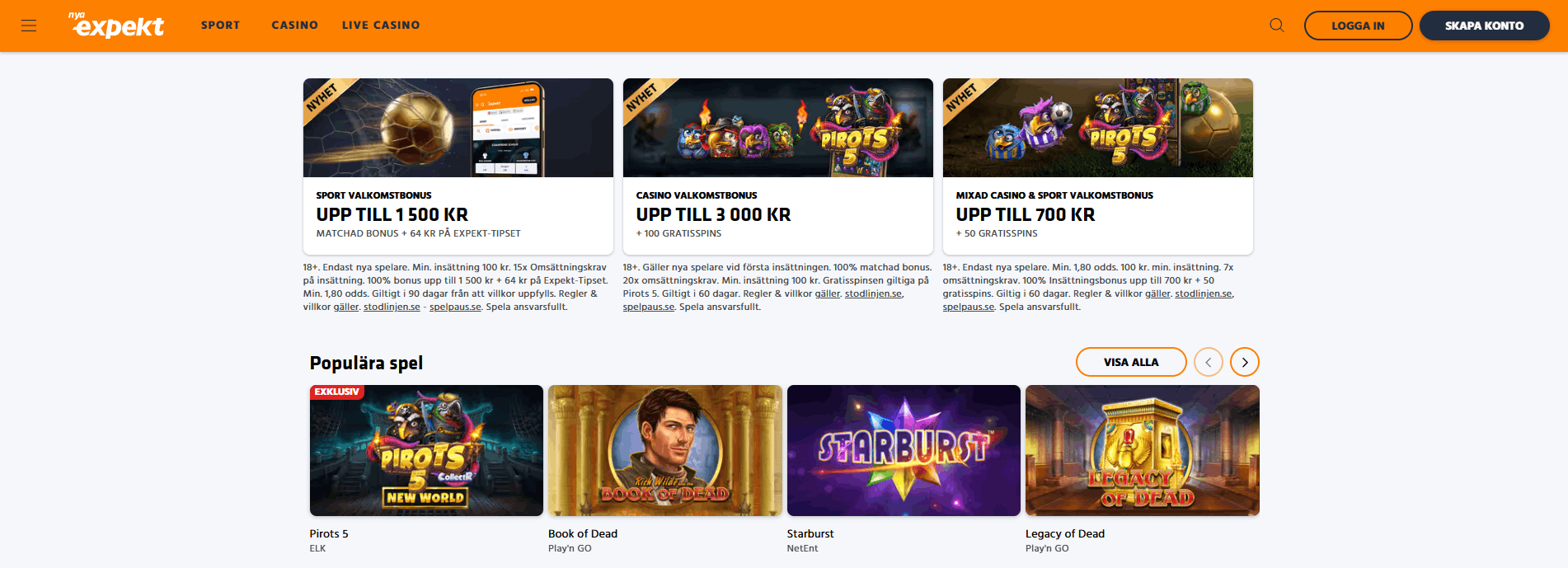 Expekts startsida med välkomstbonusarna för sport, casino och en mixad bonus, samt en rad populära spel