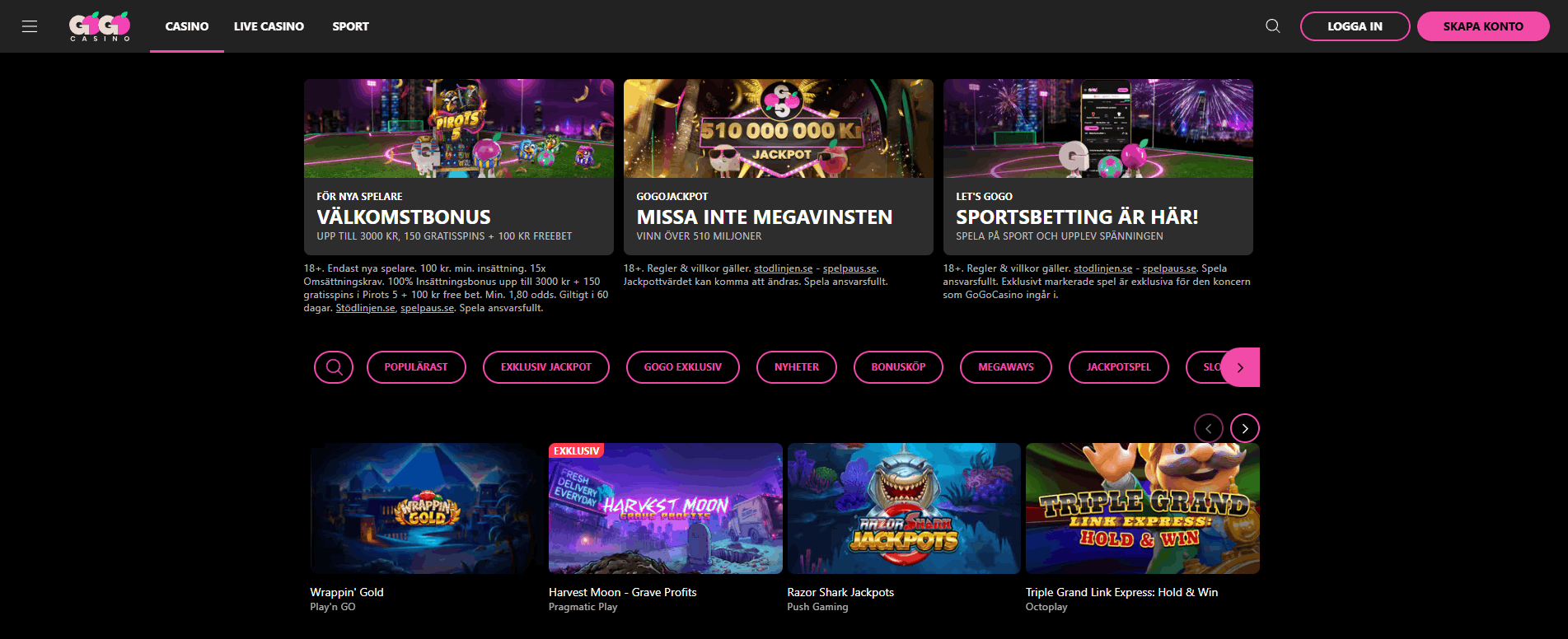 GoGo Casinos startsida med menyn Casino, Live Casino och Sport, kort för välkomstbonus, GoGoJackpot och sportsbetting, samt en rad populära spel