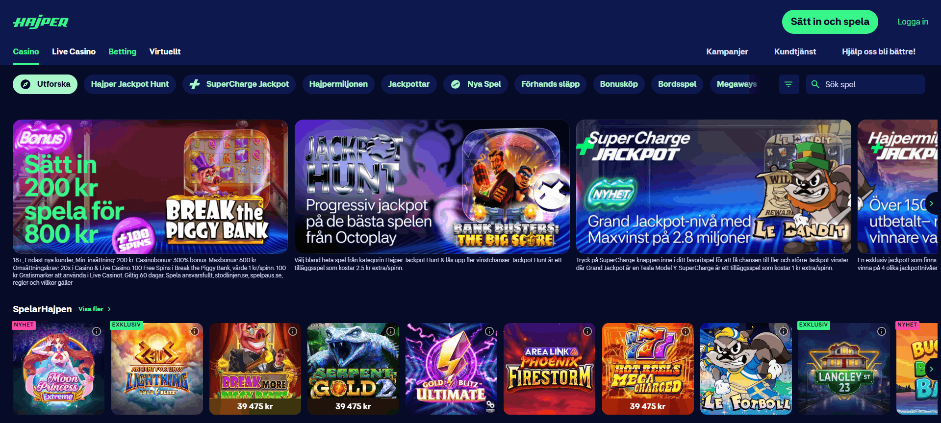 Hajpers casinosida med menyn Casino, Live Casino, Betting och Virtuellt, välkomstbannern och jackpottbannrarna samt rader med spel
