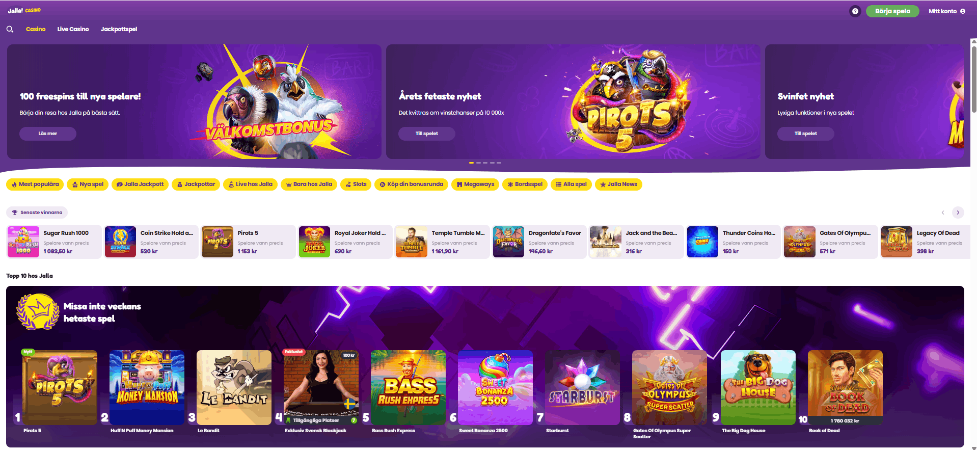 Jalla Casinos startsida med menyn Casino, Live Casino och Jackpottspel, välkomstbannern om 100 freespins, kategoriknappar som Jalla Jackpott samt rader med spel
