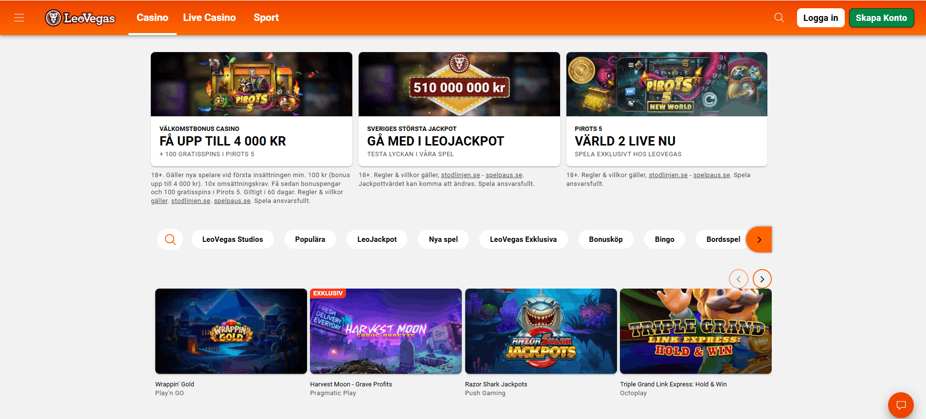 LeoVegas casinosida med menyn Casino, Live Casino och Sport, kort för välkomstbonusen, LeoJackpot och en spellansering samt en rad populära spel