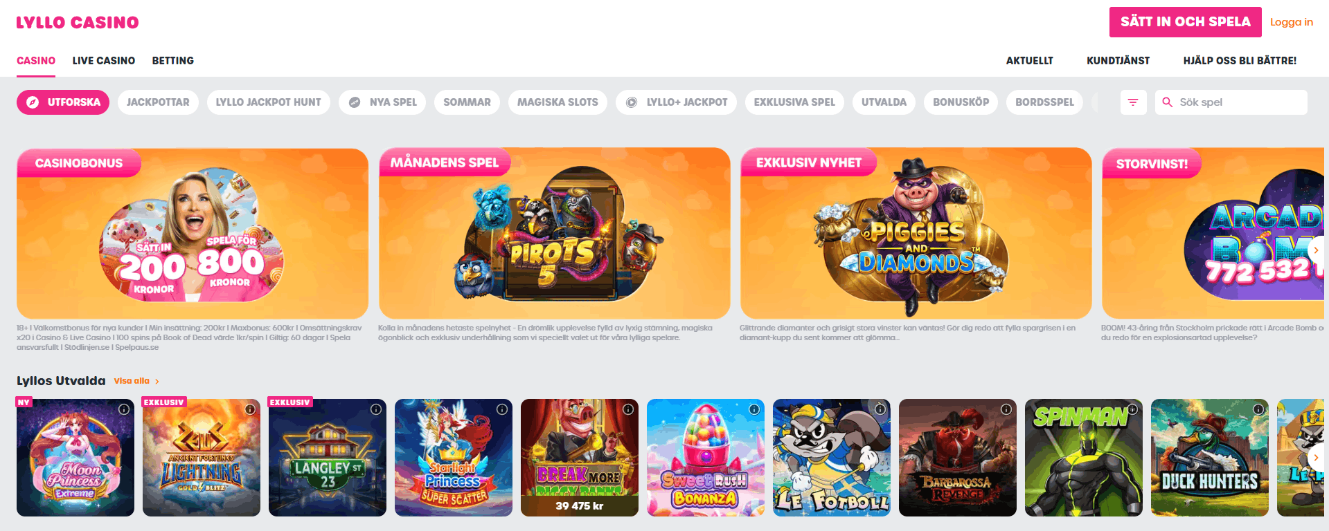Lyllo Casinos startsida med menyn Casino, Live Casino och Betting, kategoriknappar som Lyllo+ Jackpot och Exklusiva Spel samt rader med spel