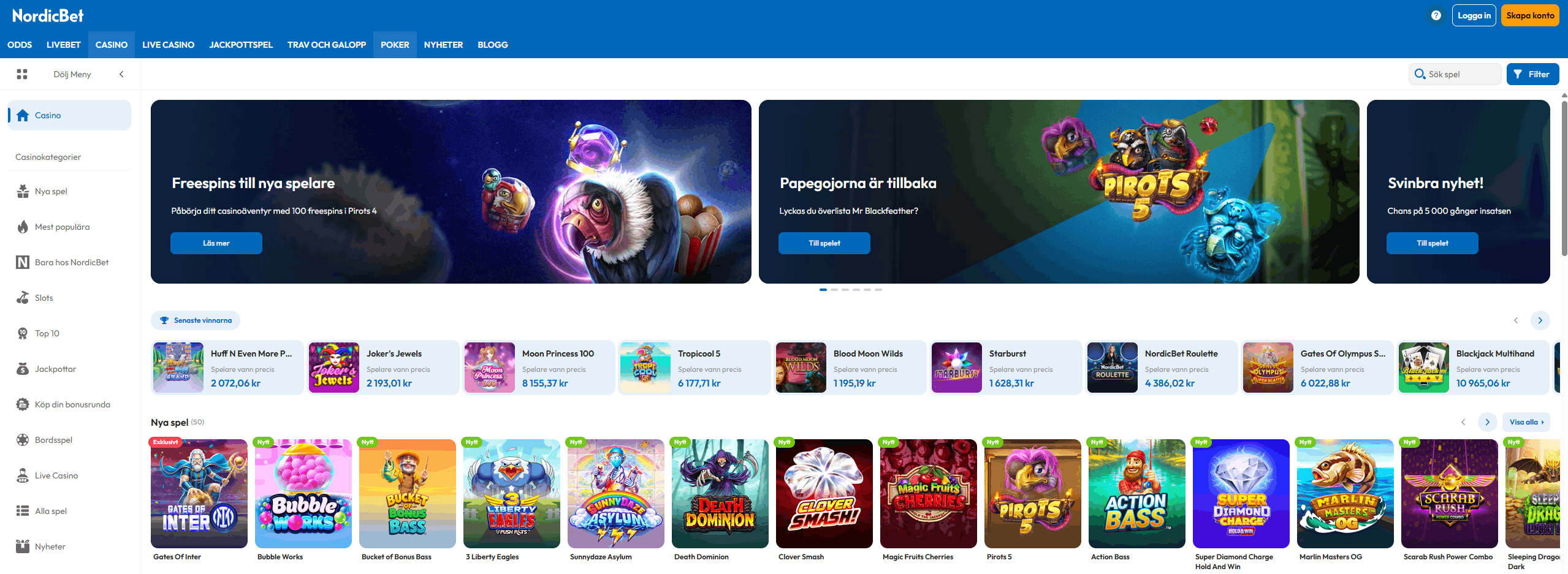 NordicBets casinosida med menyn Odds, Livebet, Casino, Live Casino, Jackpottspel, Trav och Galopp samt Poker, välkomstbannern för freespins och rader med spel