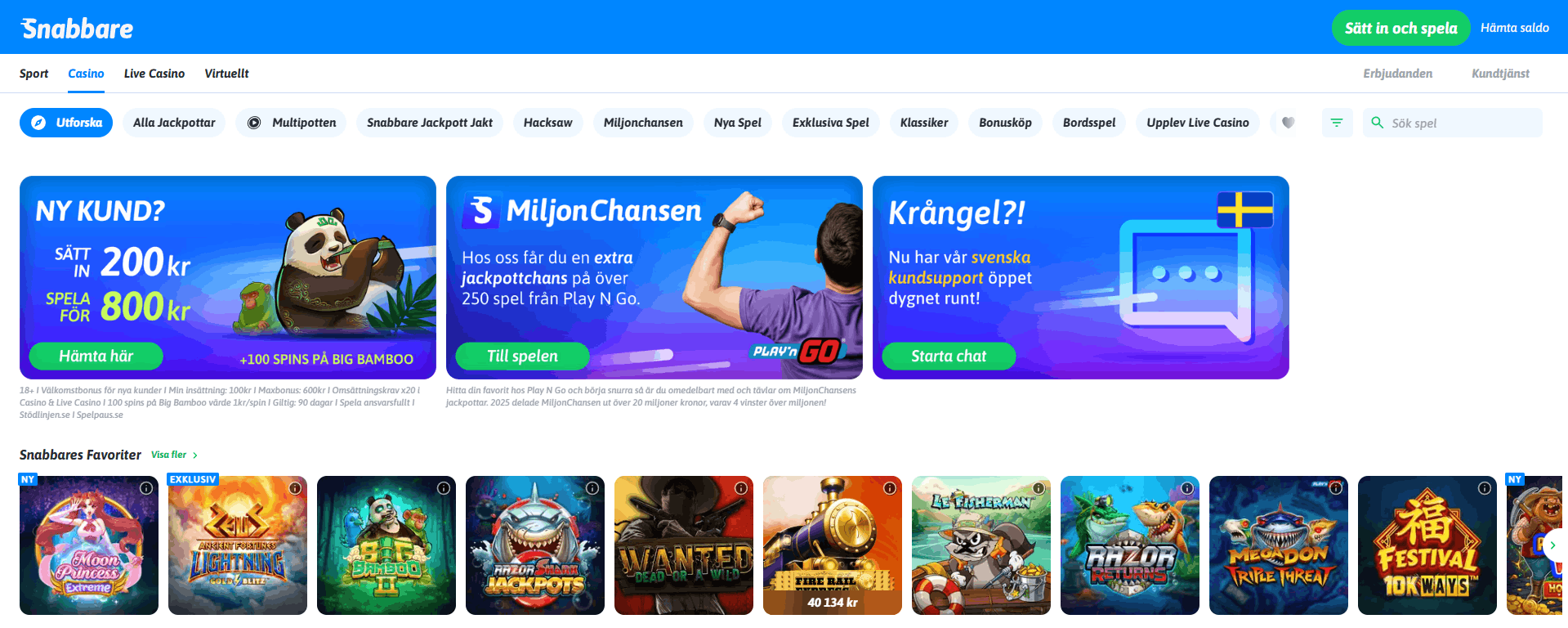 Snabbares casinosida med menyn Sport, Casino, Live Casino och Virtuellt, välkomstbannern, Miljonchansen-bannern och rader med spel